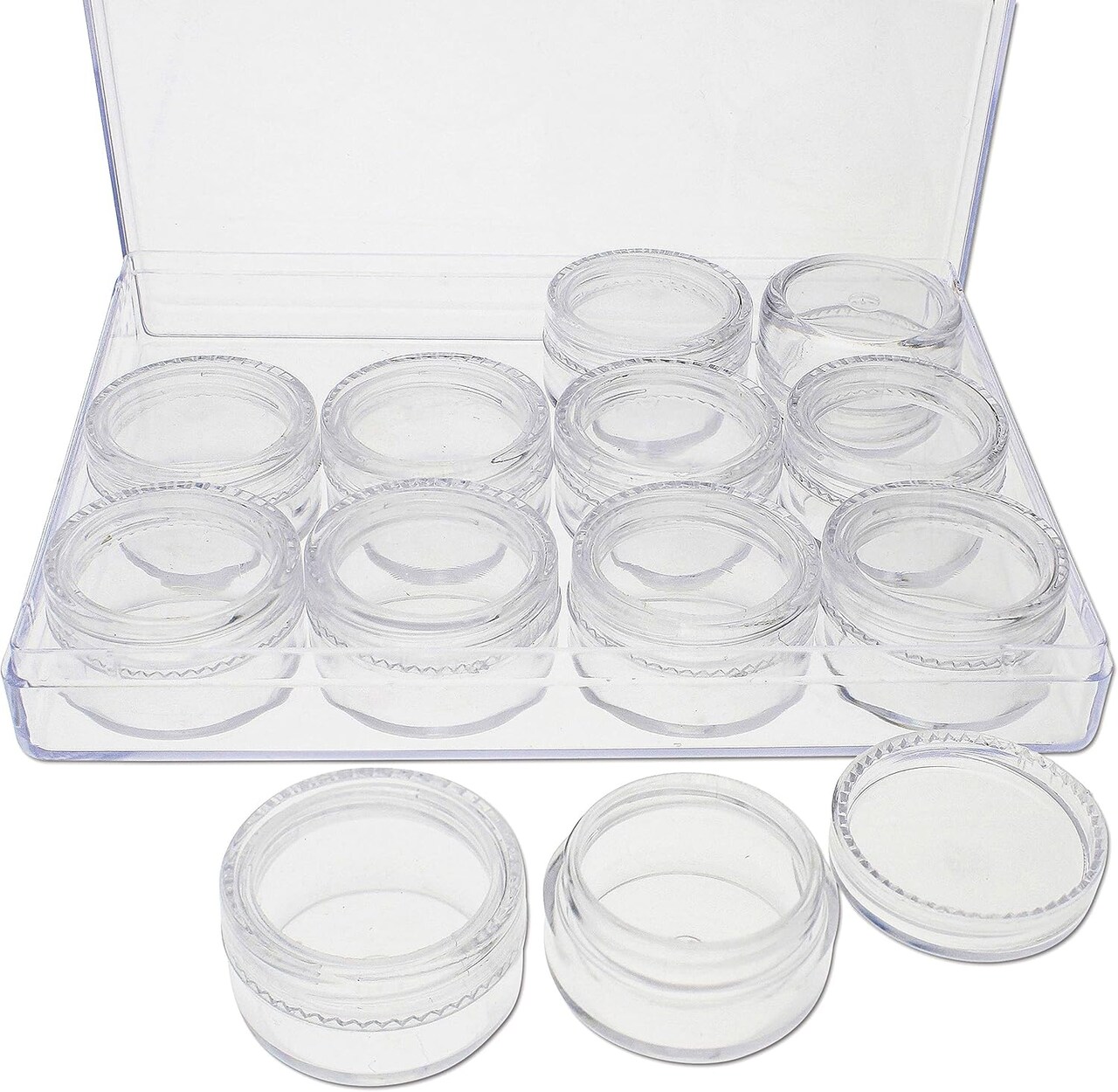 The Beadsmith Personality Case - Clear Storage Organizer Box, 5 x 3.75 x 0.9 inches - Includes 12 Small Containers with lids - 1.2 x 0.7 inches, Bead Holder